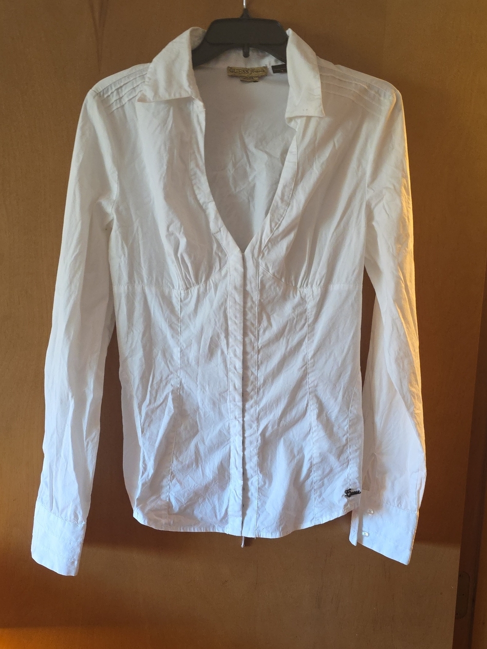 Guess White Button-Front Shirt with Gold Logo Tag